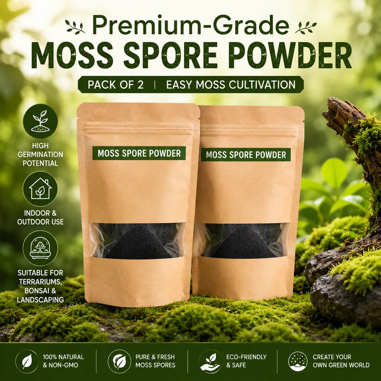 Premium Grade Moss Spore Powder (Pack of 2) – Grow Bonsai Moss, Organic Seed Starter & Soil Moisture Retainer For Gardening
