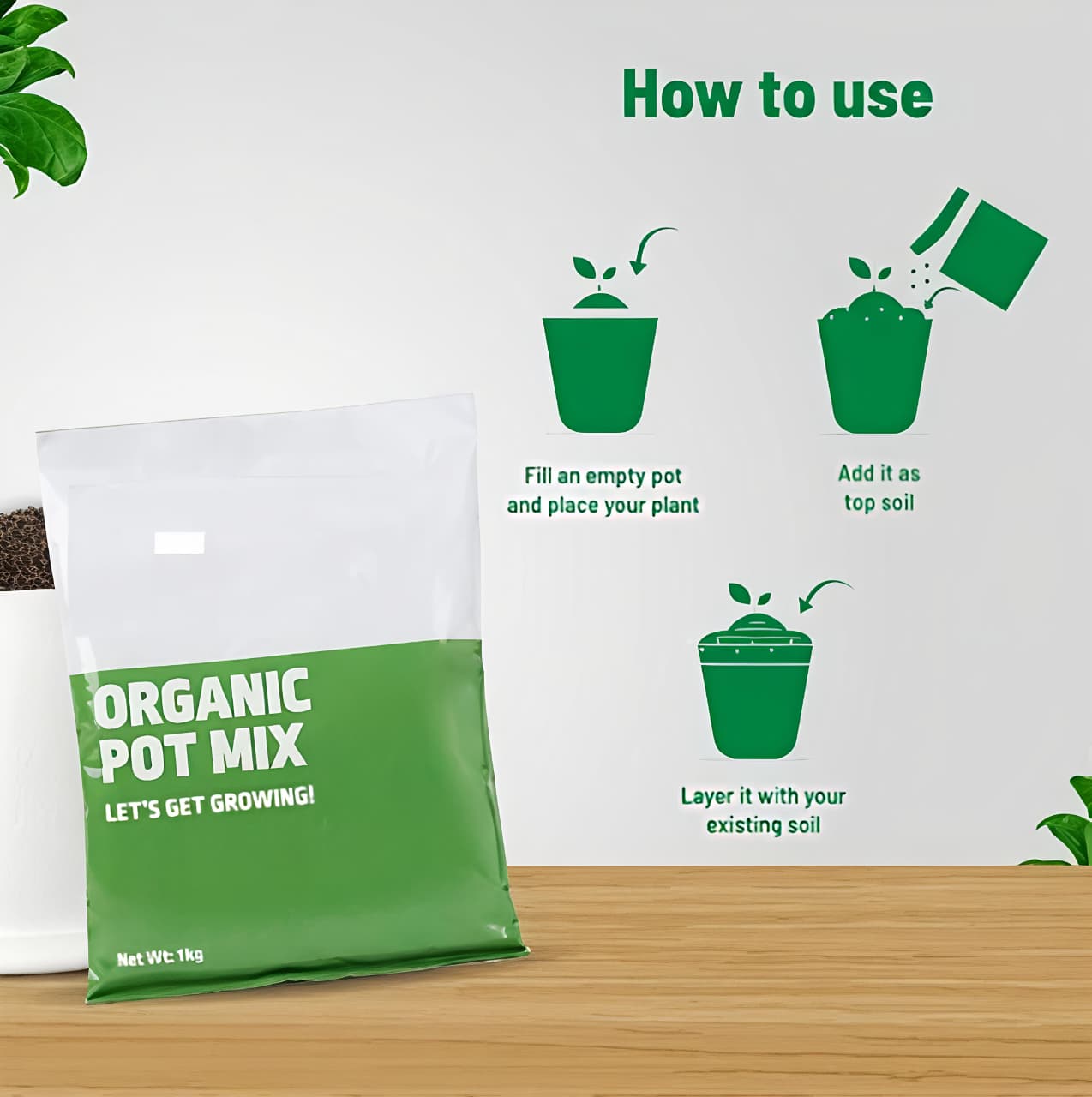 Bag of organic pot mix with instructions on how to use it on a wooden surface.