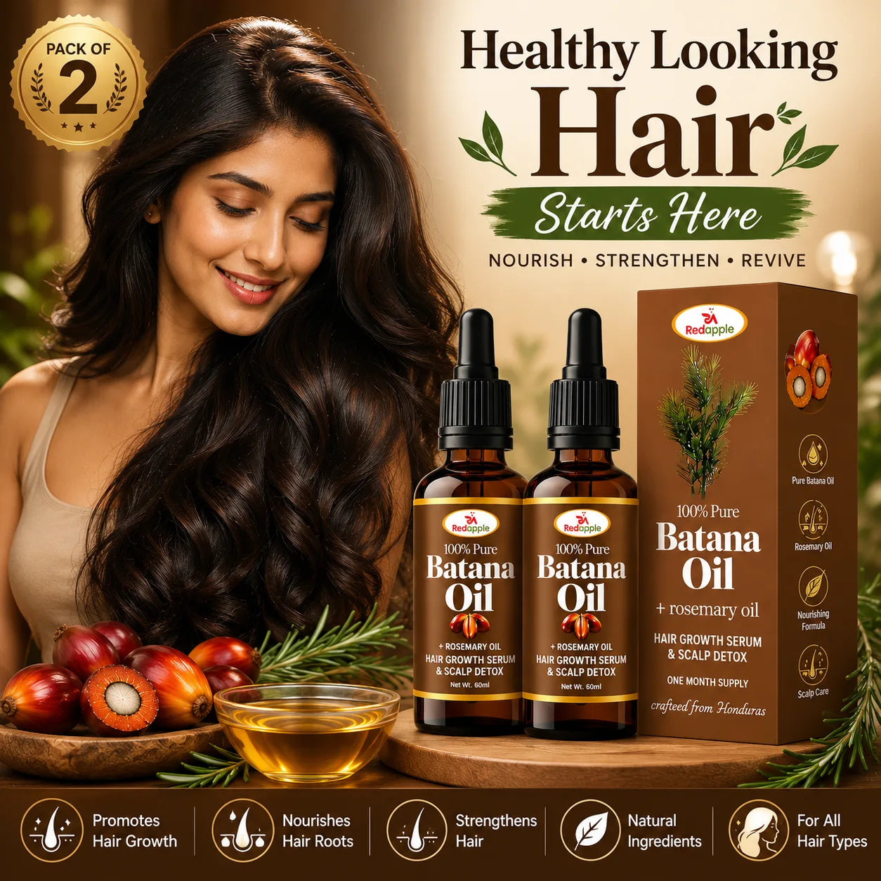 100% Pure Batana Hair Oil with Rosemary for Hair Growth - Raw & Natural (30ml, Pack of 2)