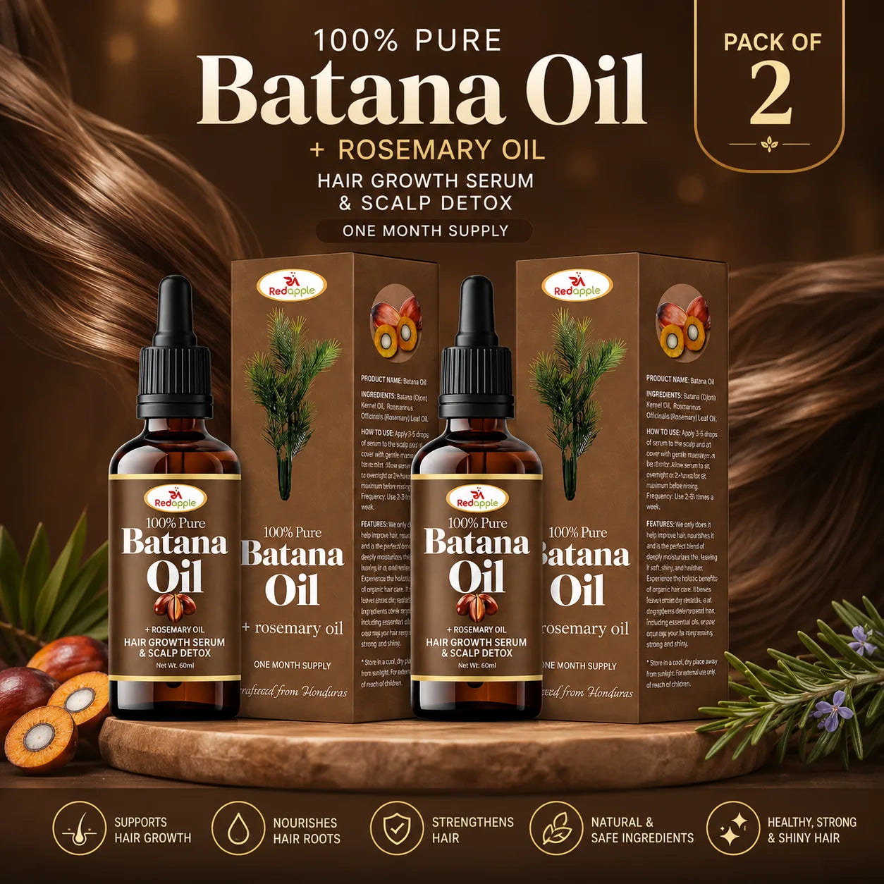 100% Pure Batana Hair Oil with Rosemary for Hair Growth - Raw & Natural (30ml, Pack of 2)