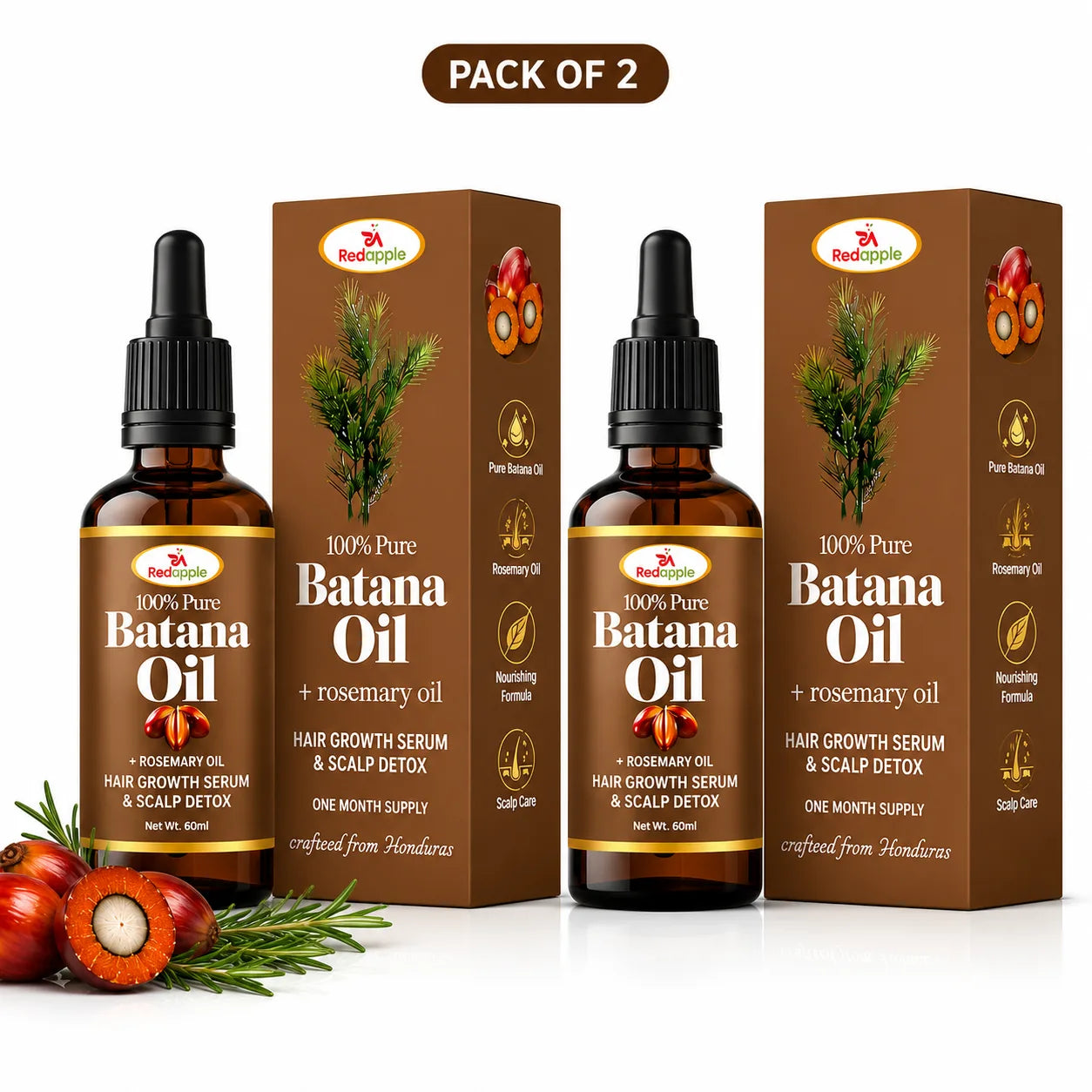 100% Pure Batana Hair Oil with Rosemary for Hair Growth - Raw & Natural (30ml, Pack of 2)