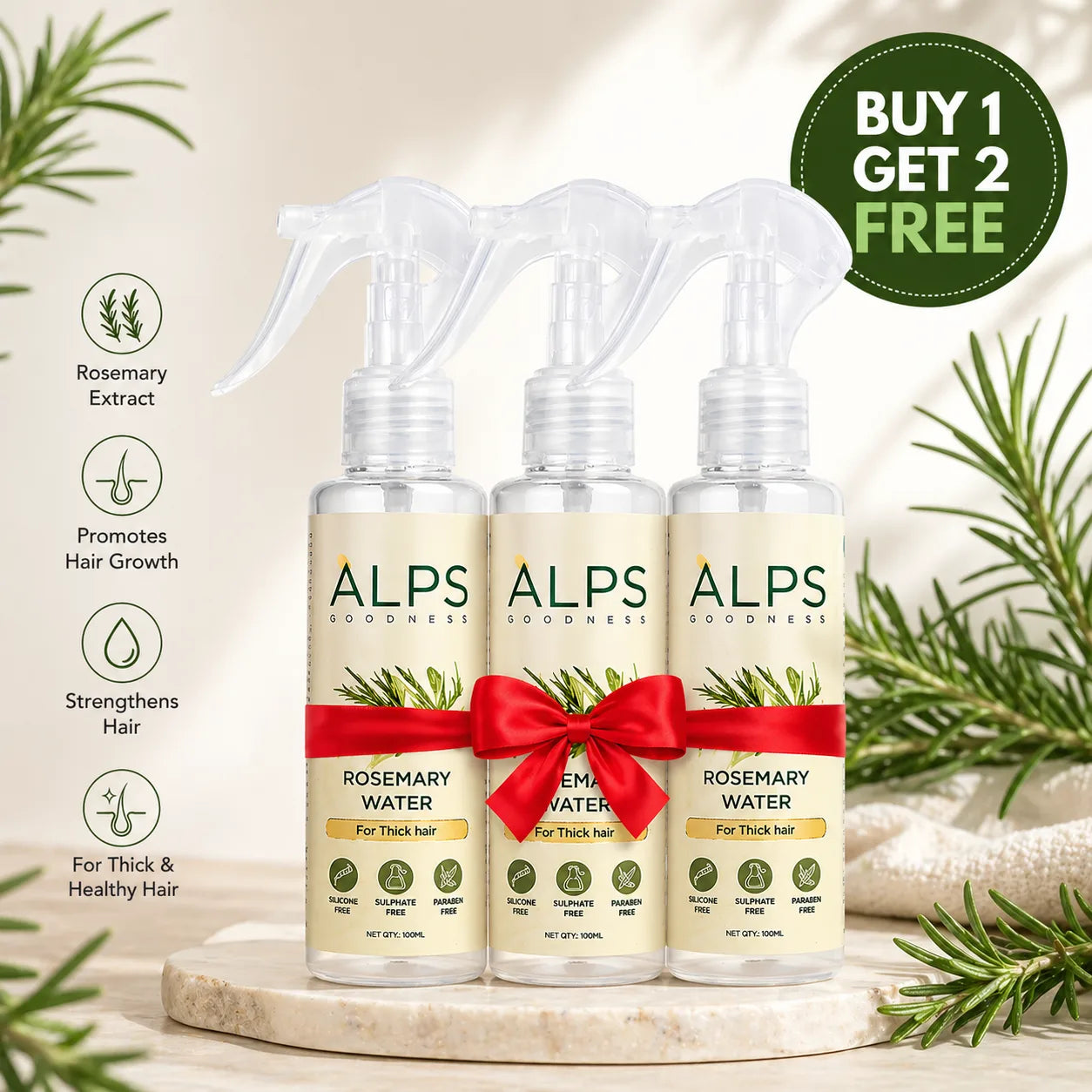 (PACK OF 3) Rosemary Water Spray for Hair Growth & Hair Thickness with Rice Water 100% Natural Extract 100 ml