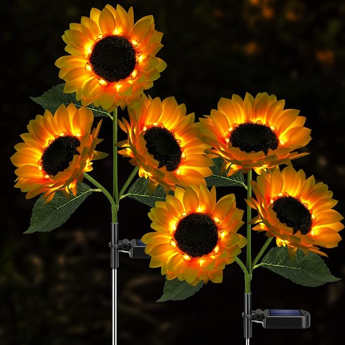 Solar Sunflower Lights Outdoor - Decorative Solar Garden Light & Pathway Stake Lights for Yard, Flower Bed, Patio Decor (Waterproof)