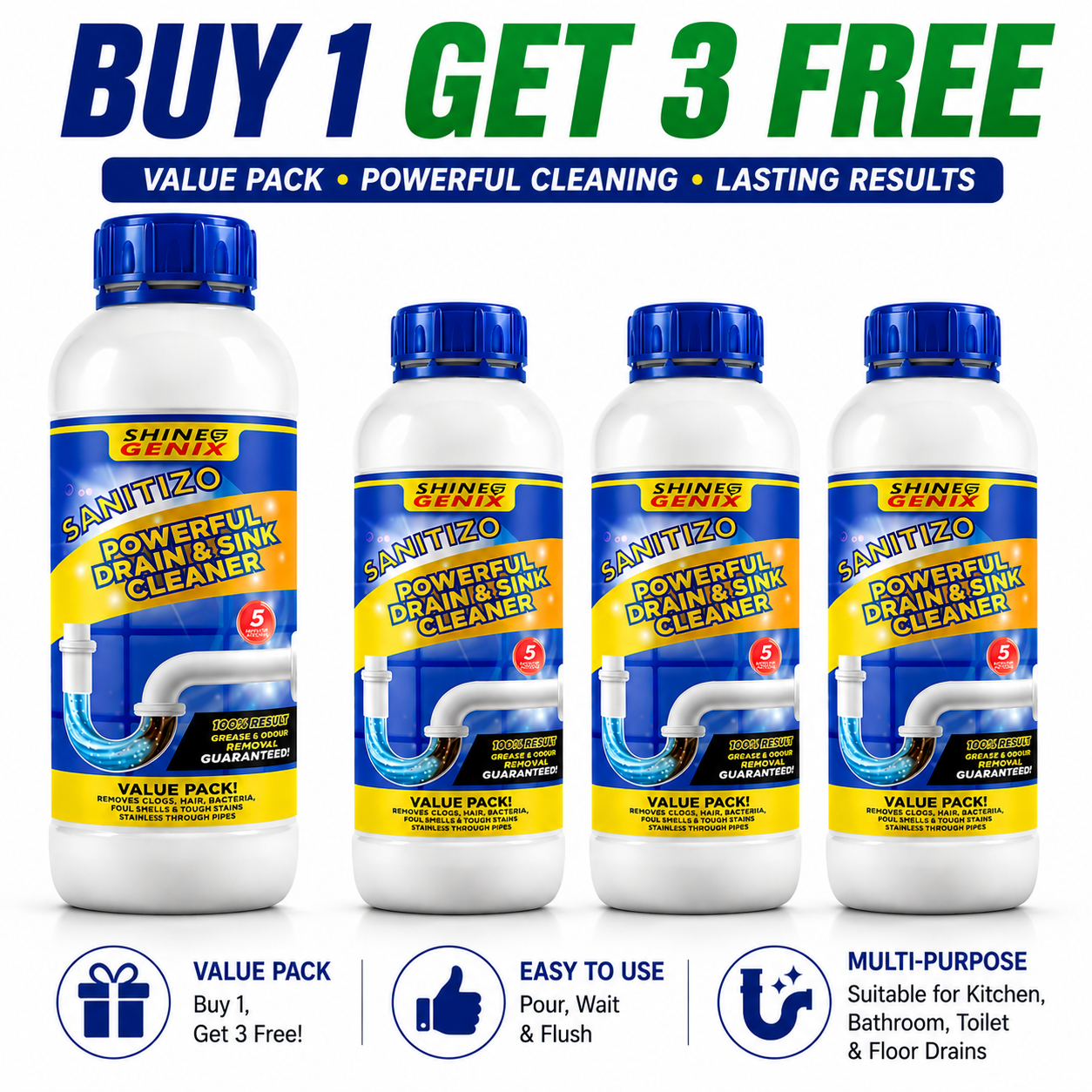 Sanitizo Drain Cleaner Powder (Pack of 4) – Powerful Sink & Drain Pipe Declogger