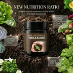 Jar labeled 'Soil Activated Treasure' surrounded by plants on a soil