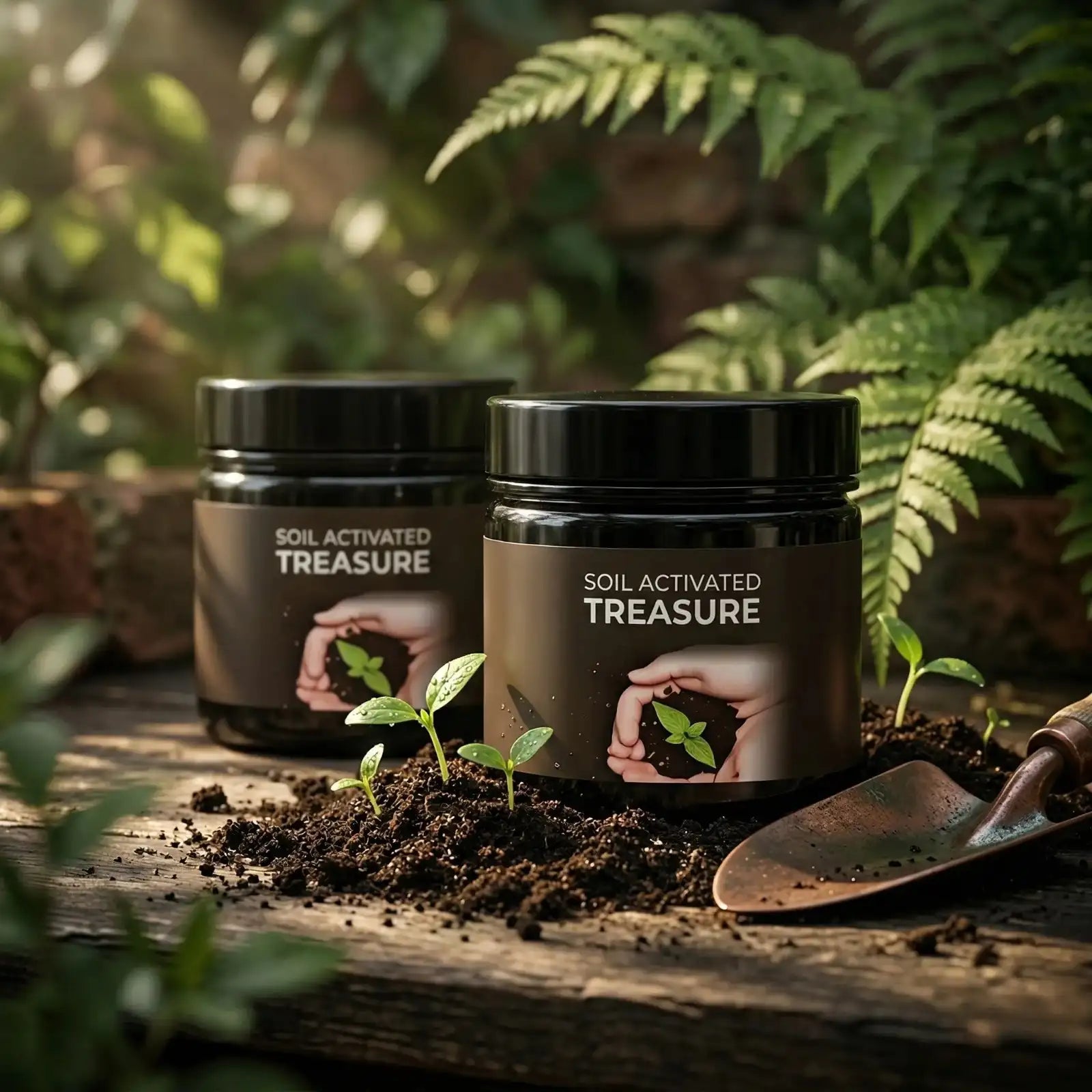 Two jars labeled 'Soil Activated Treasure' with young plants emerging on a wooden surface with soil.