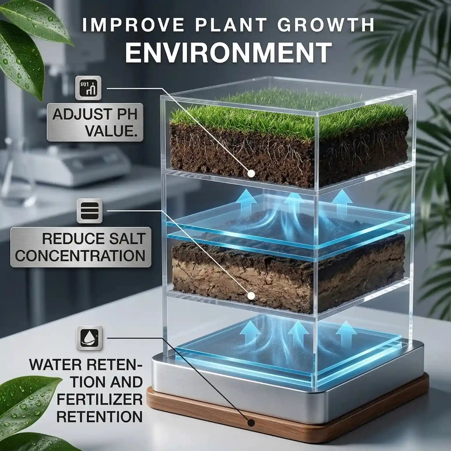 Modern soil activated treasure for plant growth system with labeled features on a blurred indoor background