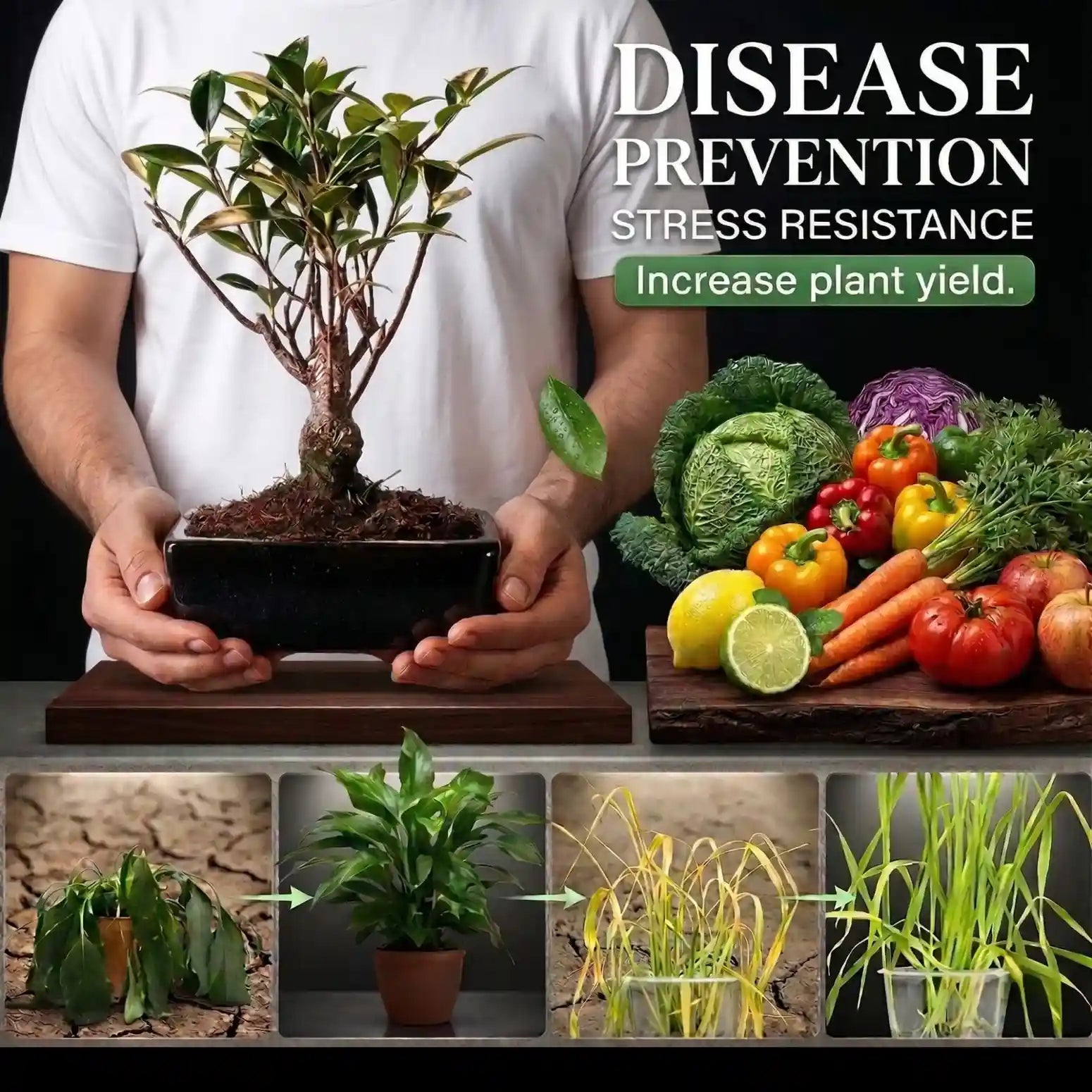 Person holding a potted plant with images of vegetables and plants, emphasizing disease prevention and stress resistance with soil activator.