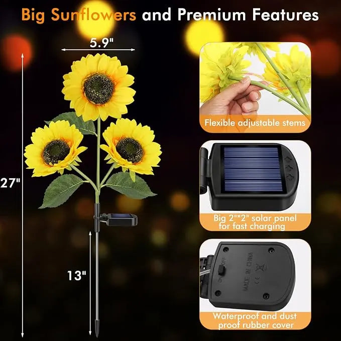 Solar Sunflower Lights Outdoor - Decorative Solar Garden Light & Pathway Stake Lights for Yard, Flower Bed, Patio Decor (Waterproof)