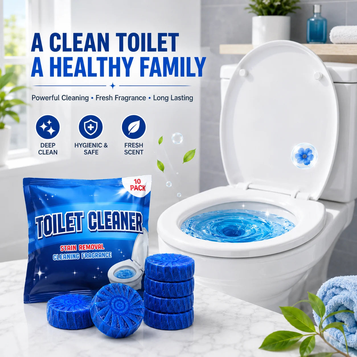 Automatic Toilet Bowl Cleaner Tablets – Blue Bubble Flush Tank Toilet Cleaning Tablets (10, 20 or 30 Pack)