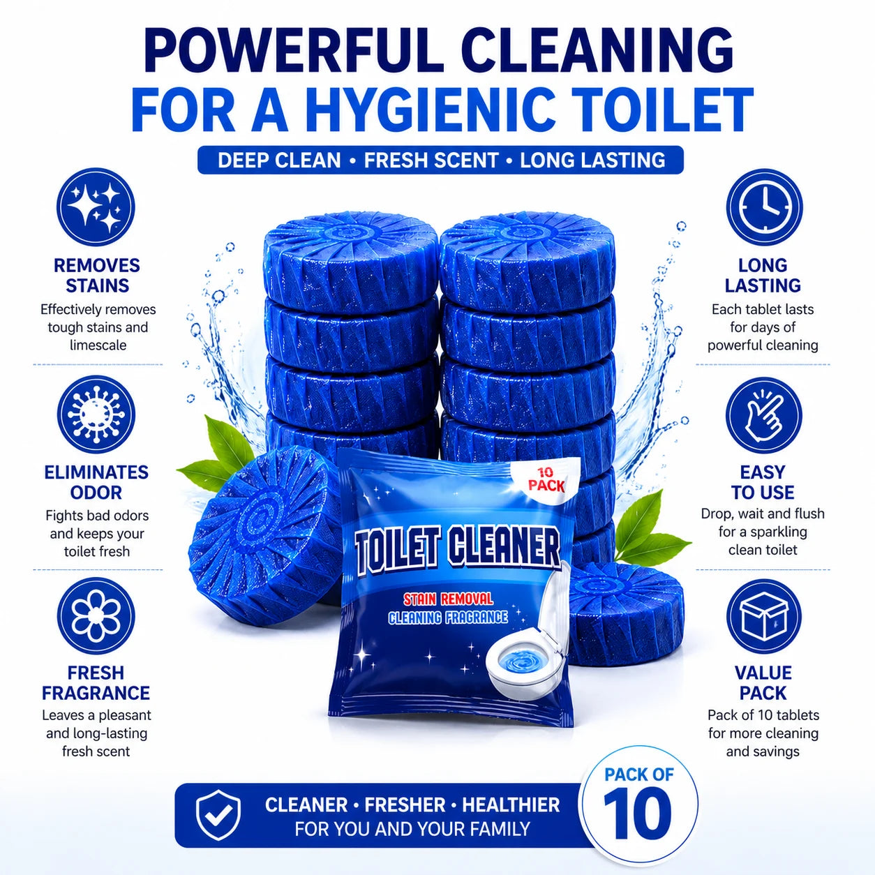 Automatic Toilet Bowl Cleaner Tablets – Blue Bubble Flush Tank Toilet Cleaning Tablets (10, 20 or 30 Pack)