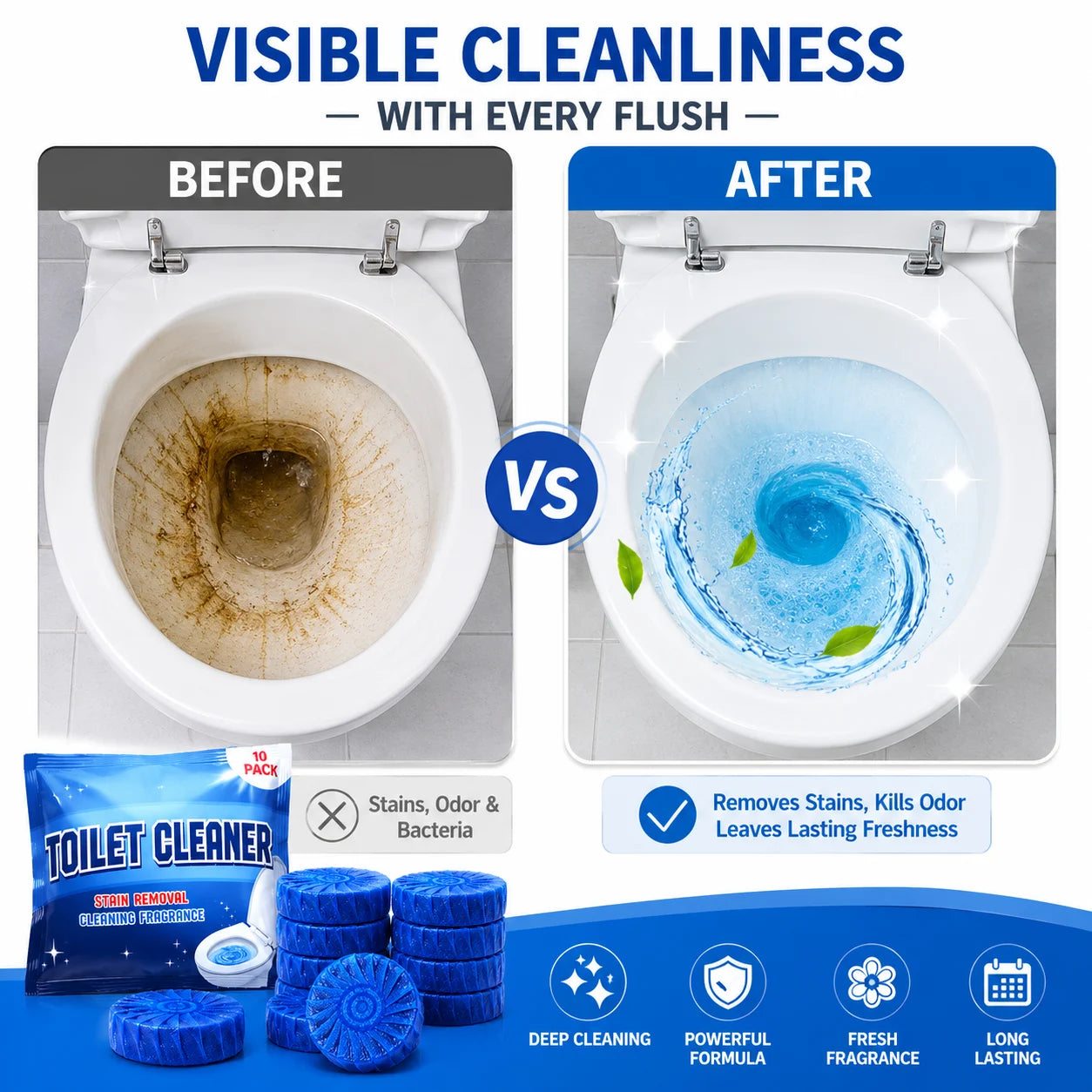 Automatic Toilet Bowl Cleaner Tablets – Blue Bubble Flush Tank Toilet Cleaning Tablets (10, 20 or 30 Pack)