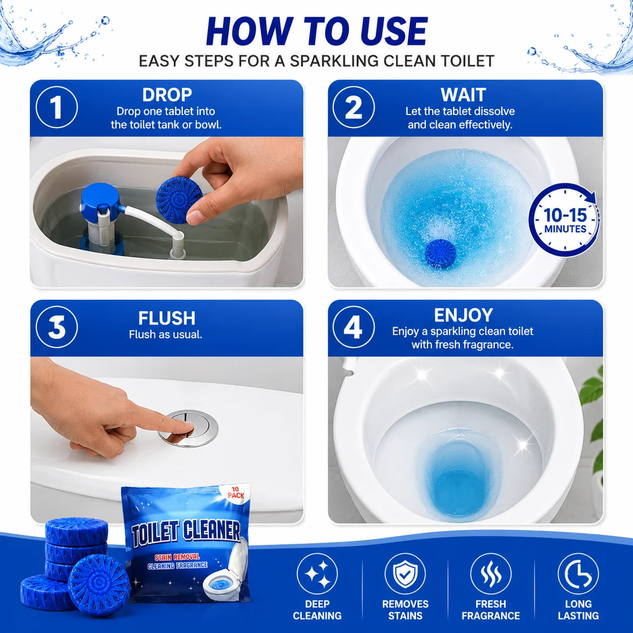 Automatic Toilet Bowl Cleaner Tablets – Blue Bubble Flush Tank Toilet Cleaning Tablets (10, 20 or 30 Pack)
