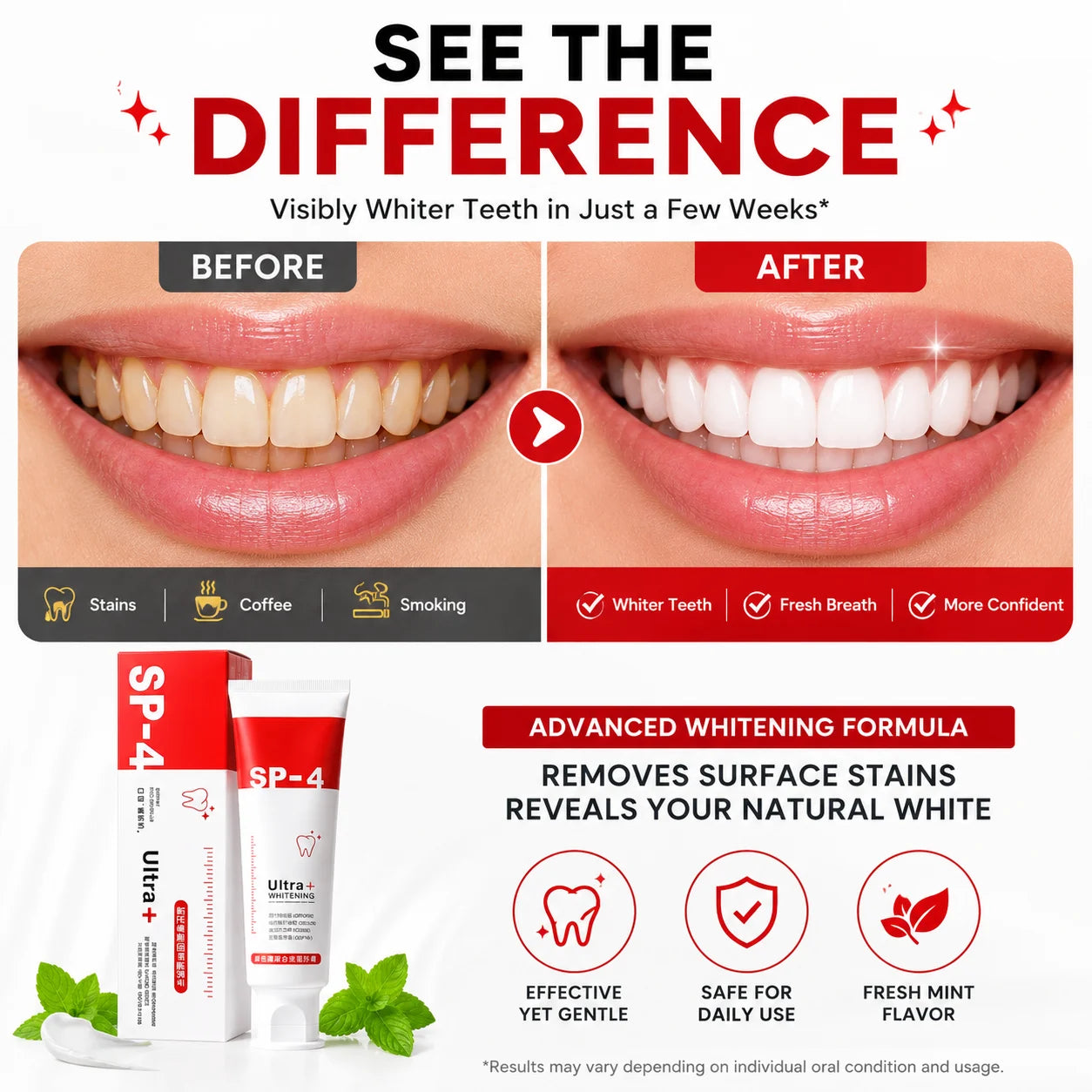 (Pack of 2) Tooth Whitening Toothpaste for Sensitive Teeth – Premium Teeth Bleaching White Paste & Stain Remover
