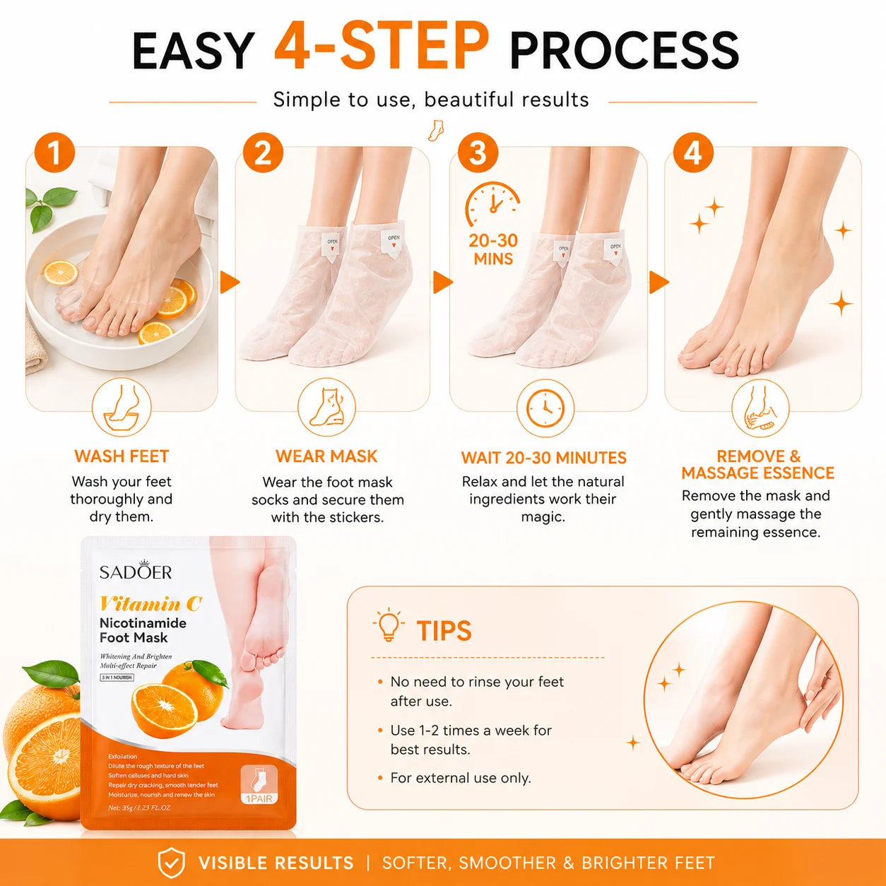 Vitamin C Foot Peel Mask (Pack of 1) – Brightening Exfoliating Foot Mask & Pedicure Socks
