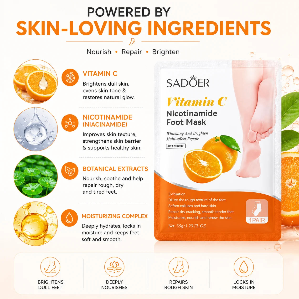 Vitamin C Foot Peel Mask (Pack of 1) – Brightening Exfoliating Foot Mask & Pedicure Socks