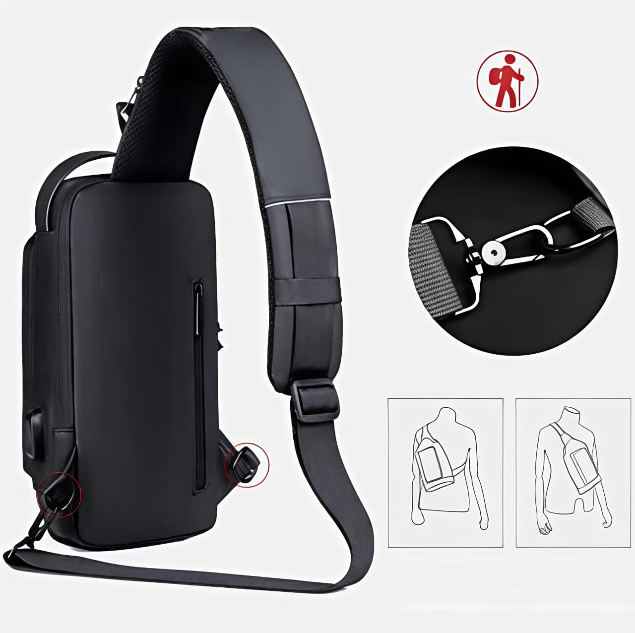 Black sling bag with detailed view of strap mechanism on a white background