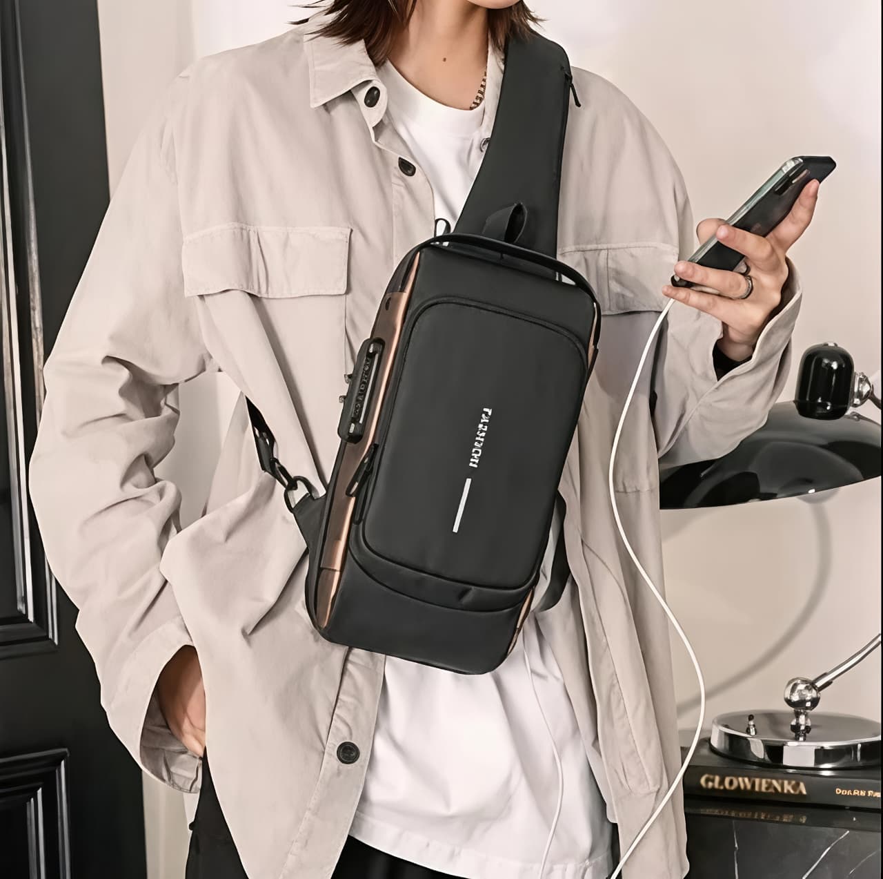 Person wearing a black crossbody bag with a visible brand logo, holding a phone.