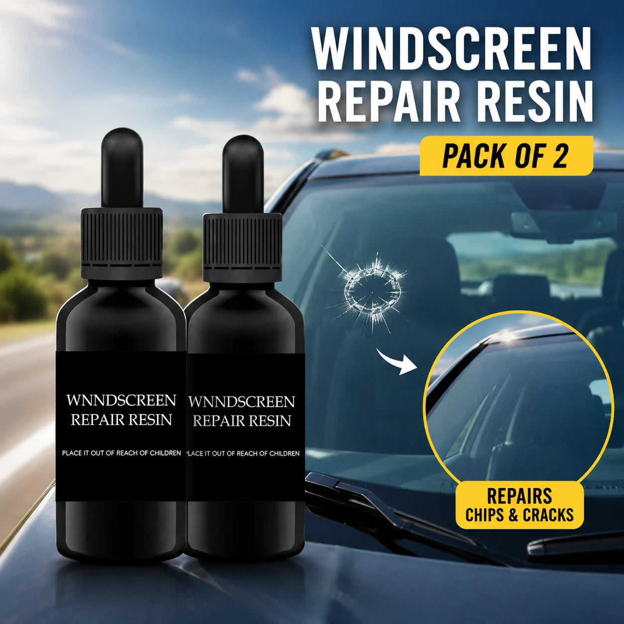 Windshield Repair Resin Kit for Cracks & Chips (Pack of 2) – Car Glass Crack Repair Liquid Adhesive
