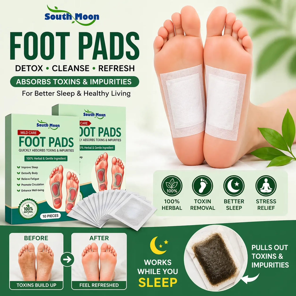 South Moon foot pads packaging with foot pads applied to a person's feet, highlighting detox, cleanse, and refresh benefits.