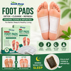 South Moon foot pads packaging with foot pads applied to a person's feet, highlighting detox, cleanse, and refresh benefits.