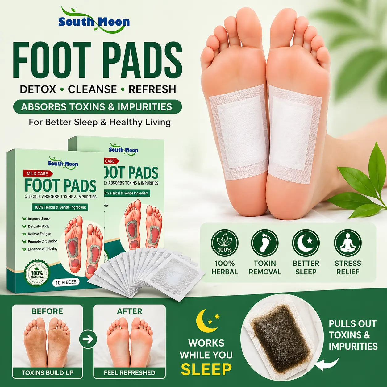 South Moon foot pads packaging with foot pads applied to a person's feet, highlighting detox, cleanse, and refresh benefits.