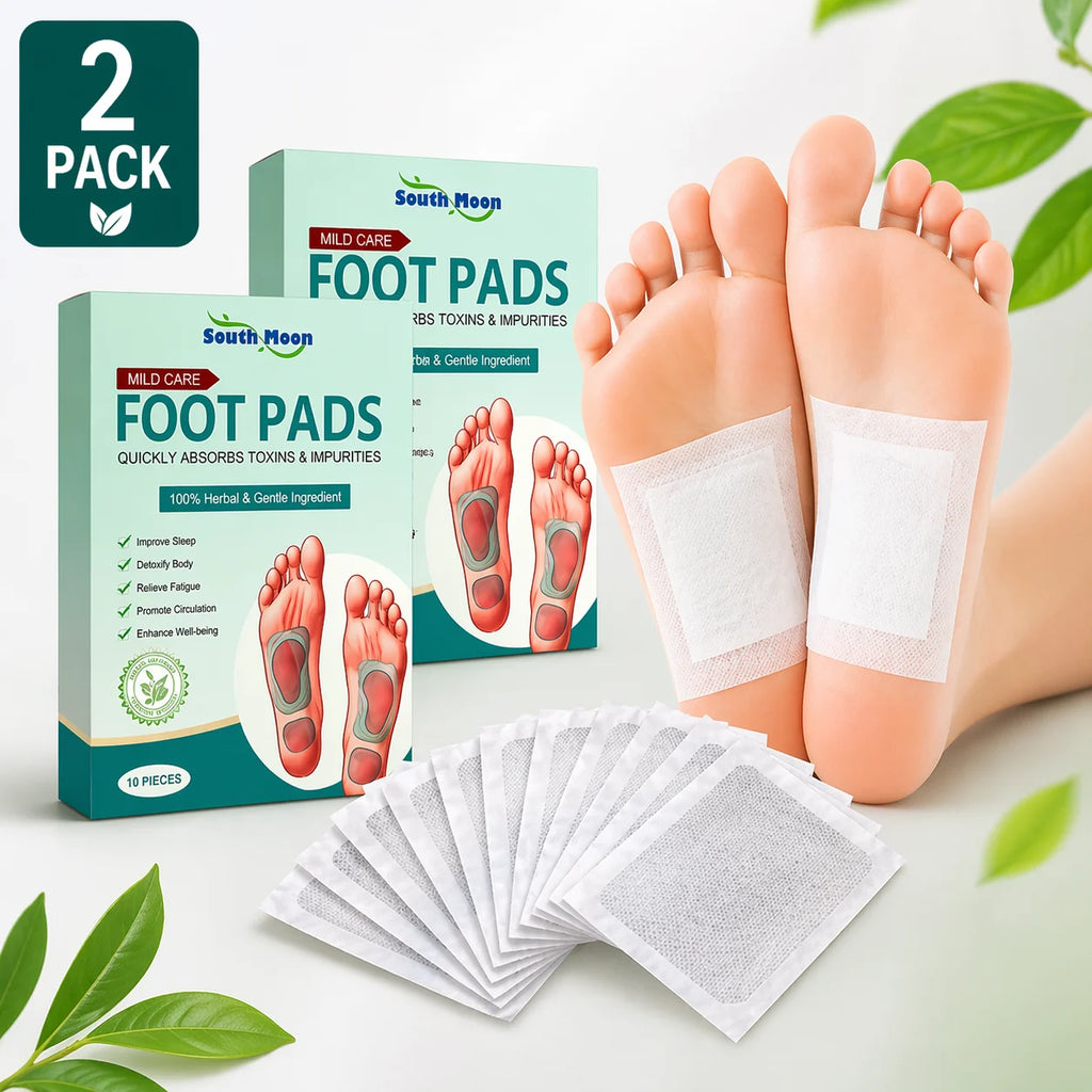 South Moon foot care product with foot pads on feet and packaging displayed.