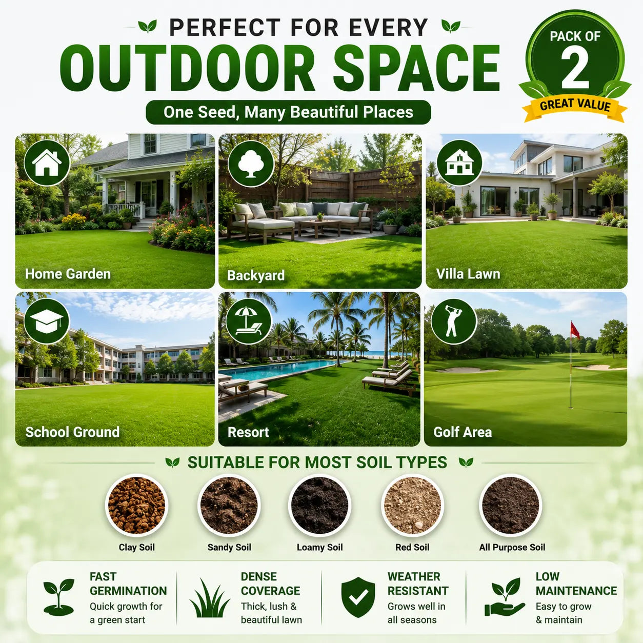 (Pack of 2) Grass Seeds Lawn Grass Seed – Premium 4-Season Evergreen Garden Grass Seed for Home Lawn & Yard