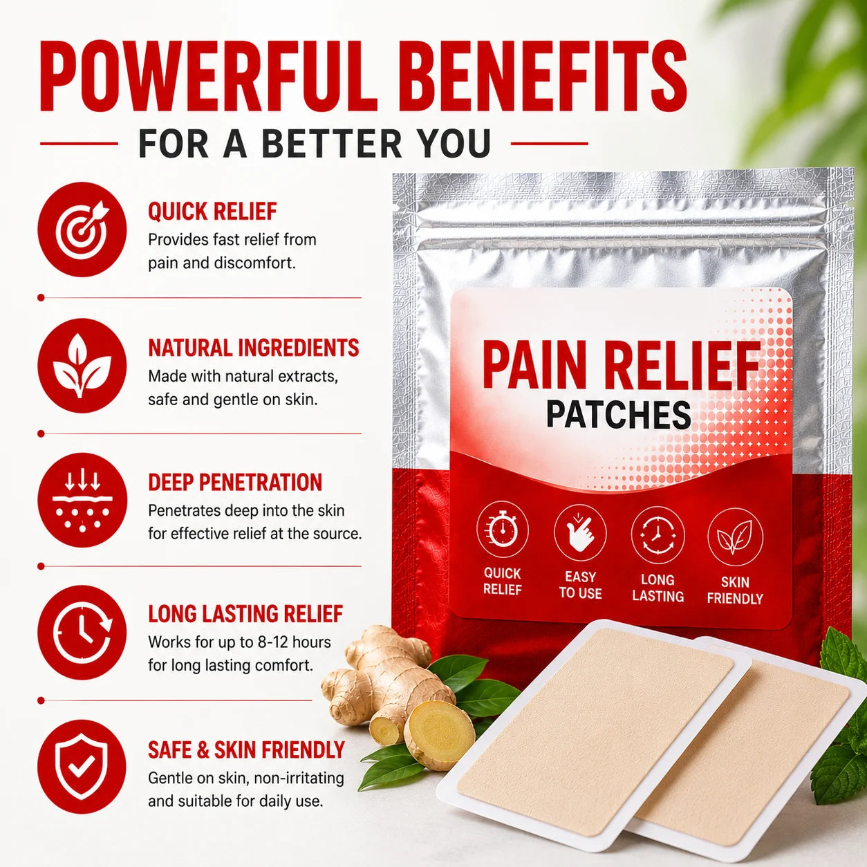 Pain Relief Patch Ginger Heat Patches (20 Patches Pack of 2) – Herbal Knee Patches & Back Pain Relief Plaster