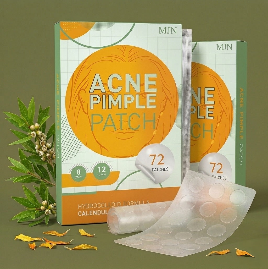 Acne pimple patch packaging with patches on a green background