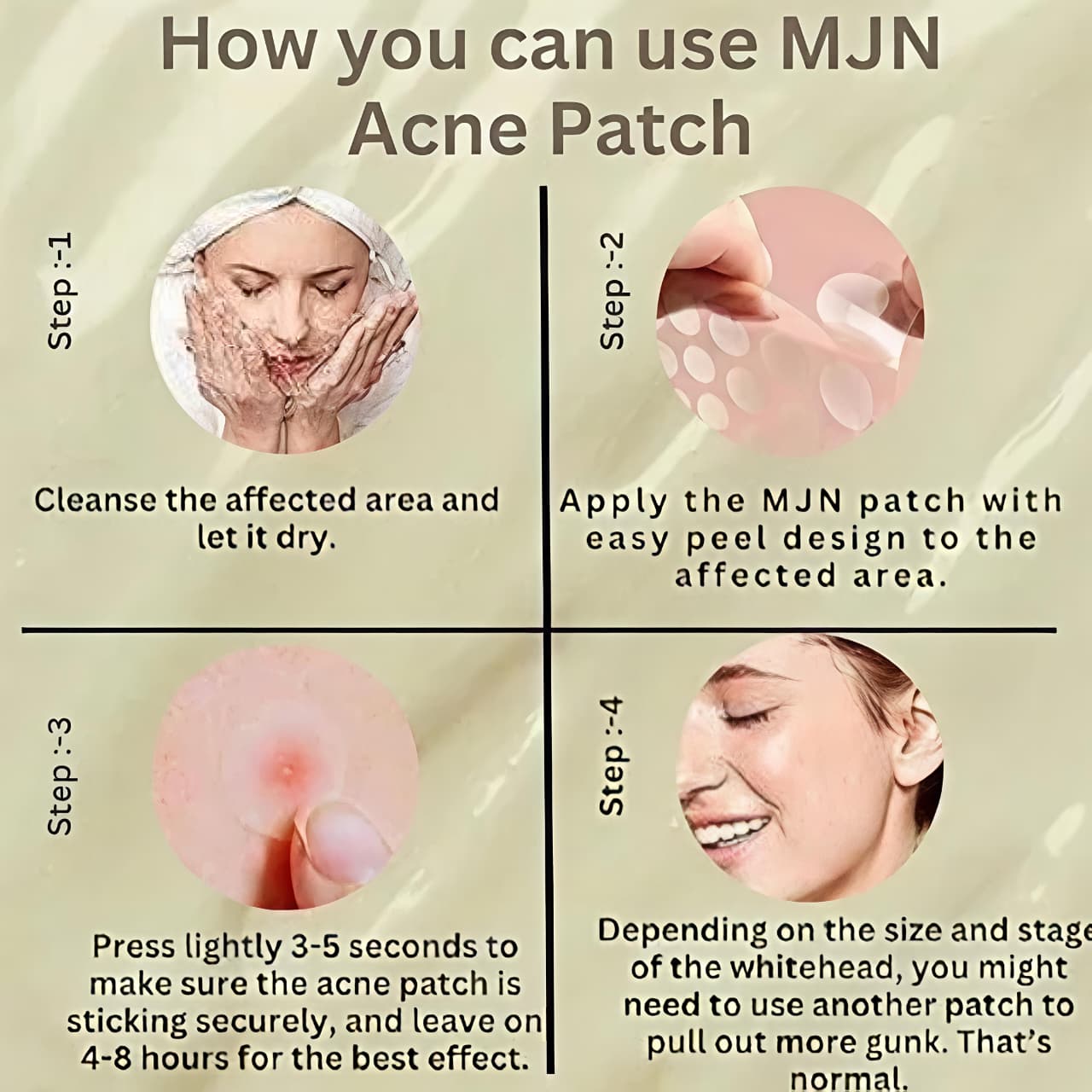 Instructions on how to use MJN Acne Patch with step-by-step illustrations and text.